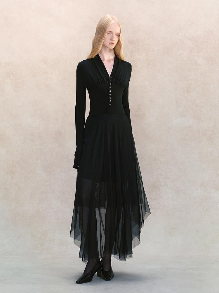 AnnoMundi Black Mesh V-neck Cinched Waist Knit Women&