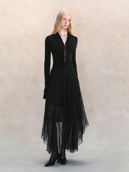 AnnoMundi Black Mesh V-neck Cinched Waist Knit Women&