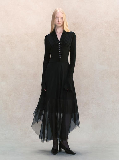 AnnoMundi Black Mesh V-neck Cinched Waist Knit Women&