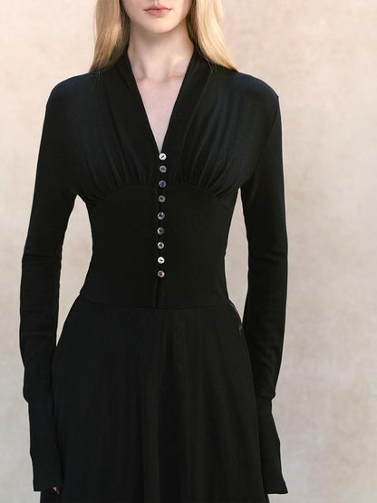 AnnoMundi Black Mesh V-neck Cinched Waist Knit Women&