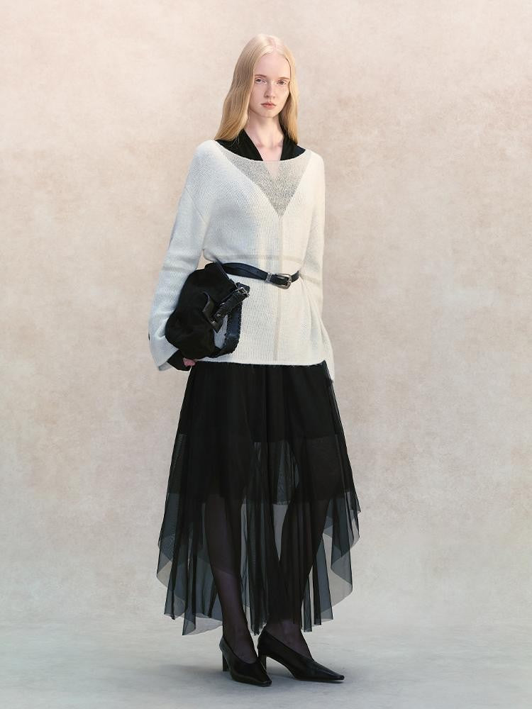 AnnoMundi Black Mesh V-neck Cinched Waist Knit Women&