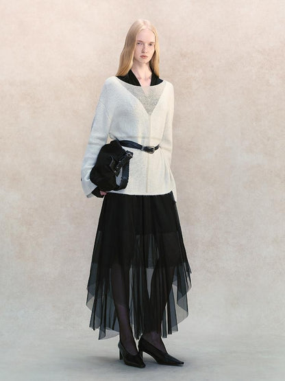AnnoMundi Black Mesh V-neck Cinched Waist Knit Women&