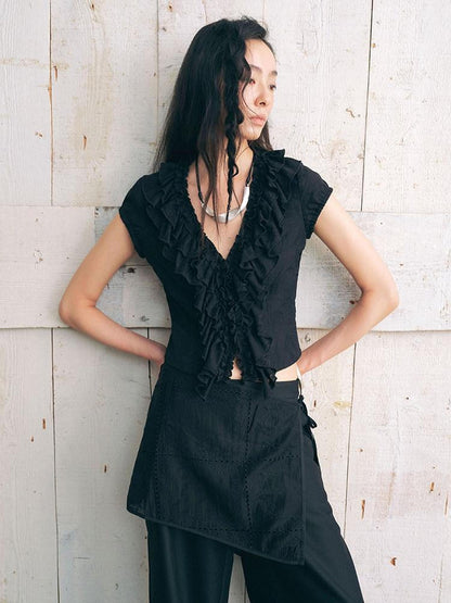 AnnoMundi Black Plant Texture Layered Lace Embroidery Women&