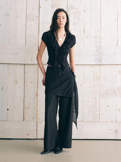 AnnoMundi Black Plant Texture Layered Lace Embroidery Women&