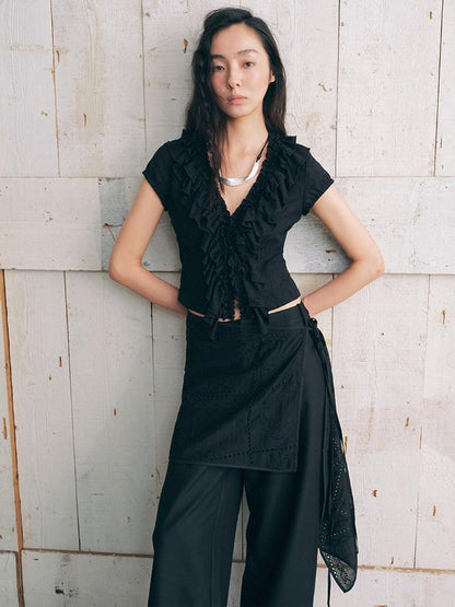 AnnoMundi Black Plant Texture Layered Lace Embroidery Women&