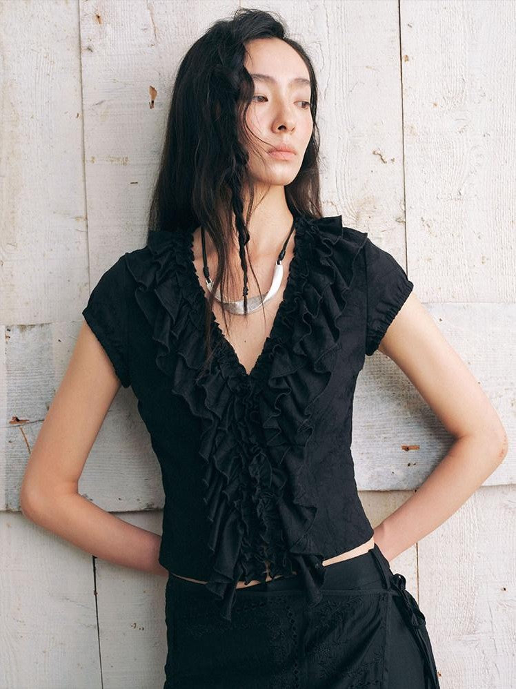 AnnoMundi Black Plant Texture Layered Lace Embroidery Women&