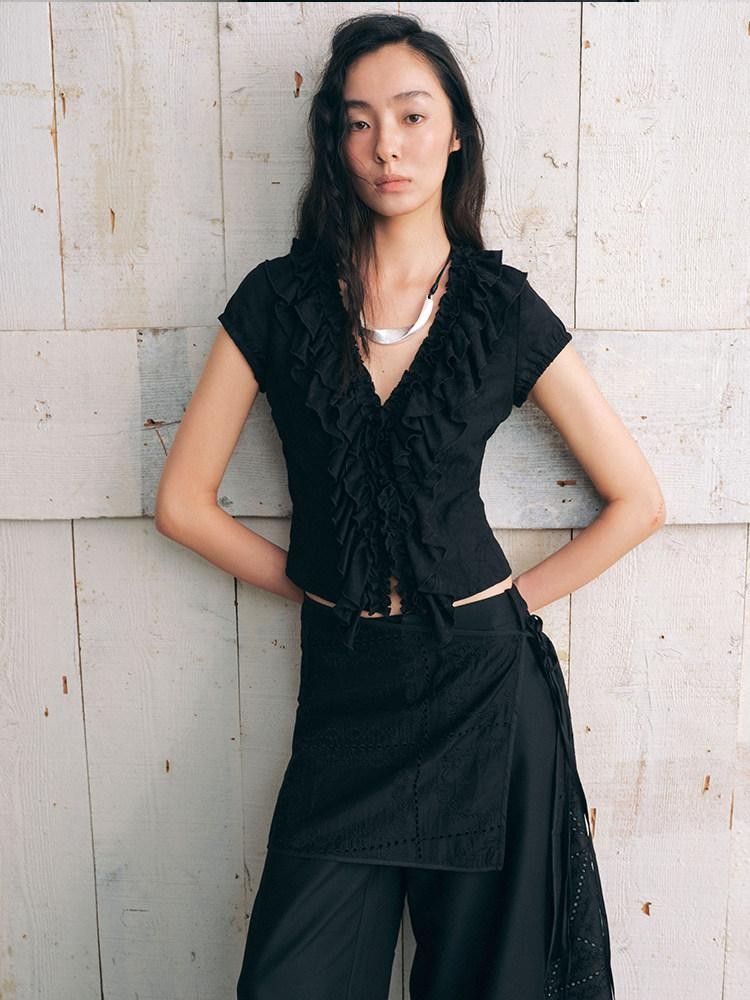 AnnoMundi Black Plant Texture Layered Lace Embroidery Women&