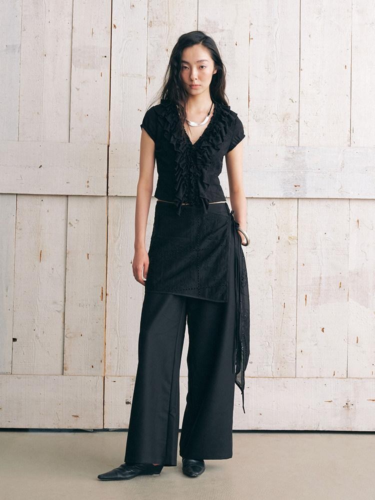 AnnoMundi Black Plant Texture Layered Lace Embroidery Women&