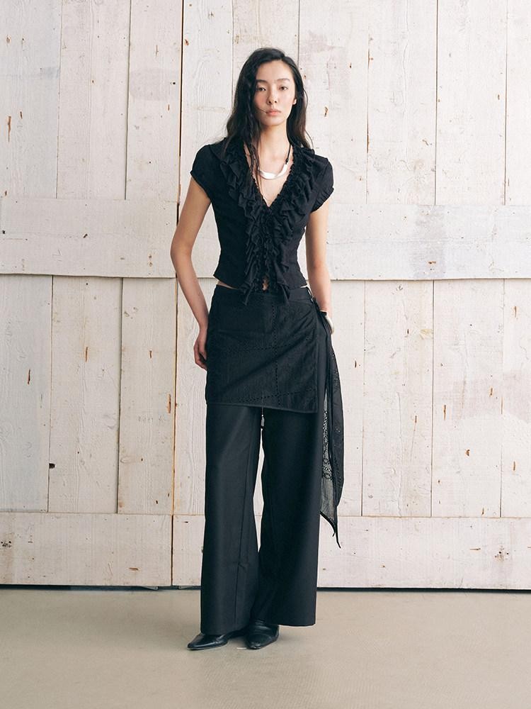 AnnoMundi Black Plant Texture Layered Lace Embroidery Women&