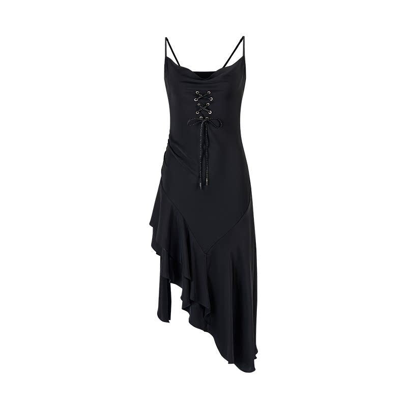AnnoMundi Robe midi asymétrique en satin noir à bretelles et cordon de serrage pour femmes