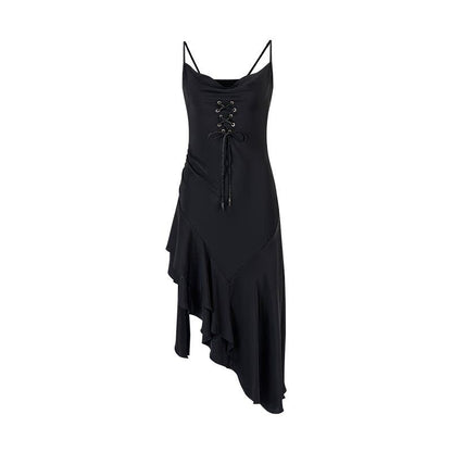 AnnoMundi Robe midi asymétrique en satin noir à bretelles et cordon de serrage pour femmes