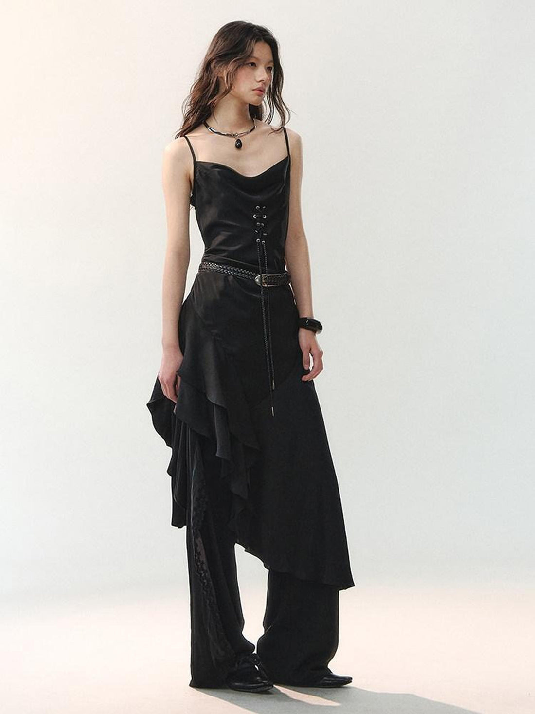 AnnoMundi Black Satin Strappy Cord Tie Asymmetrical Women&