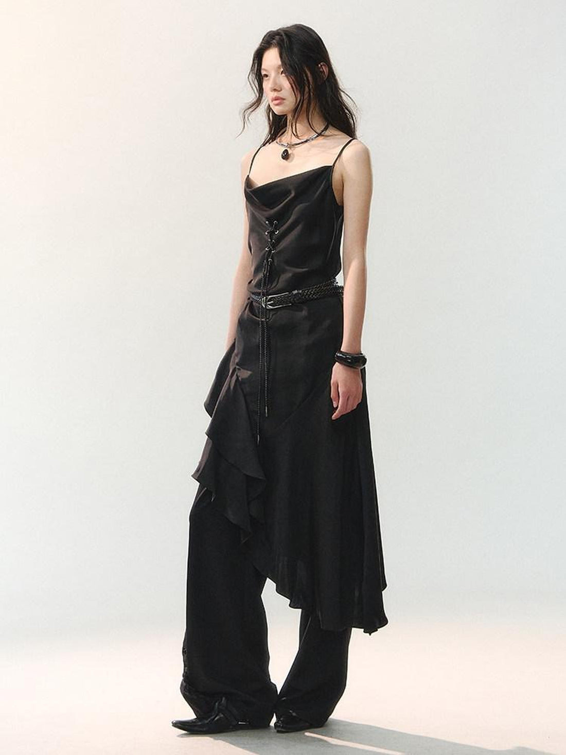 AnnoMundi Black Satin Strappy Cord Tie Asymmetrical Women&