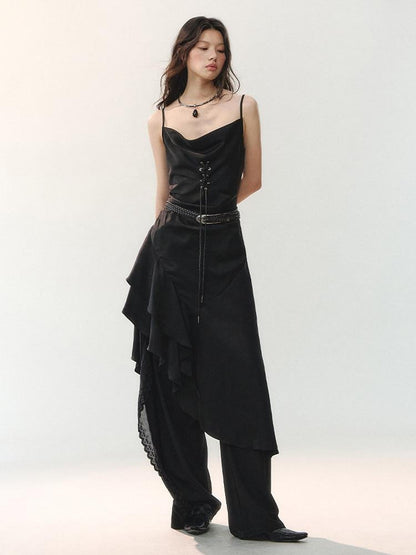 AnnoMundi Robe midi asymétrique en satin noir à bretelles et cordon de serrage pour femmes