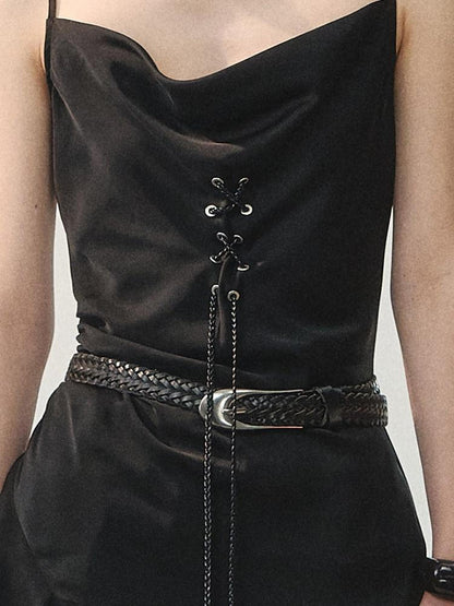 AnnoMundi Robe midi asymétrique en satin noir à bretelles et cordon de serrage pour femmes