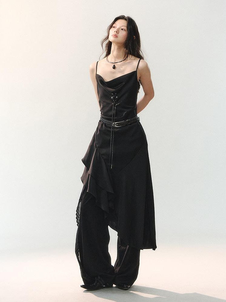 AnnoMundi Robe midi asymétrique en satin noir à bretelles et cordon de serrage pour femmes