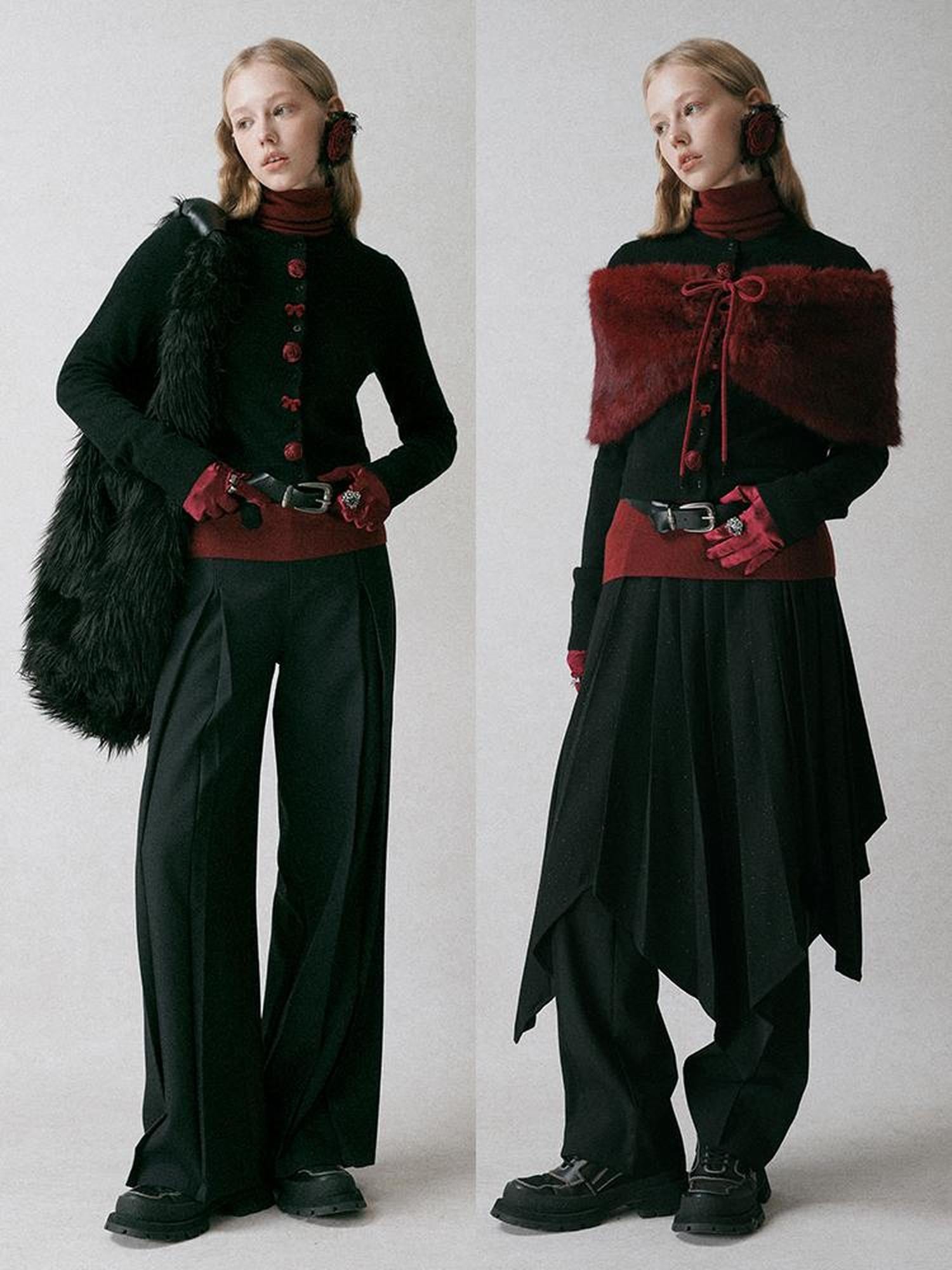AnnoMundi Black Shoulder Wool Knit Cardigan With 3D Rose And Bow