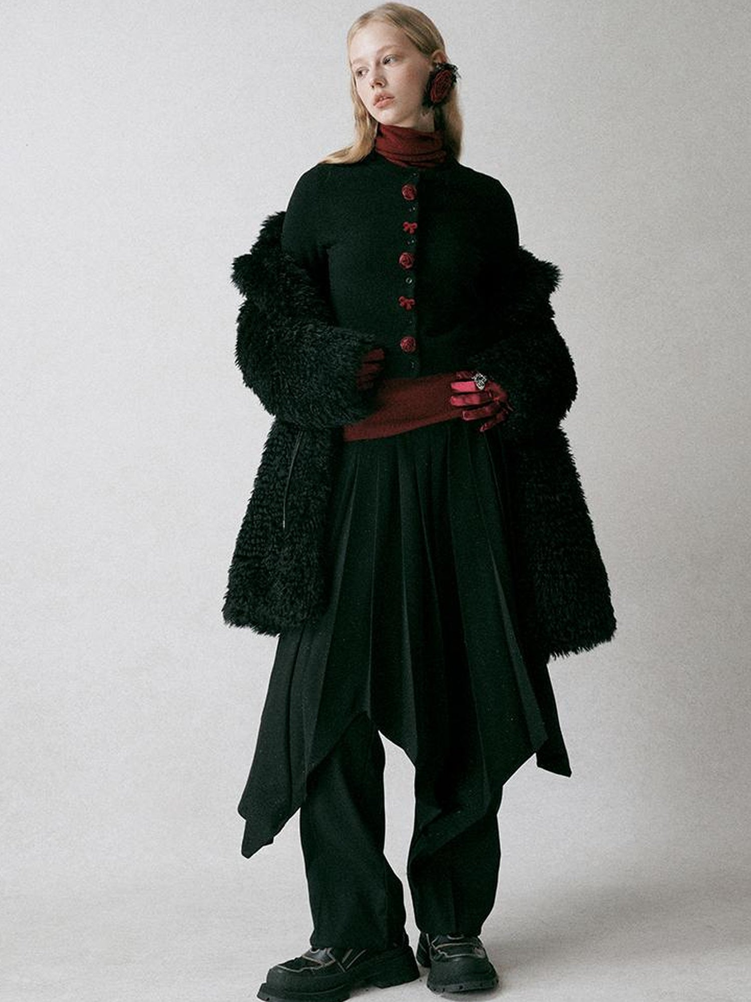 AnnoMundi Black Shoulder Wool Knit Cardigan With 3D Rose And Bow