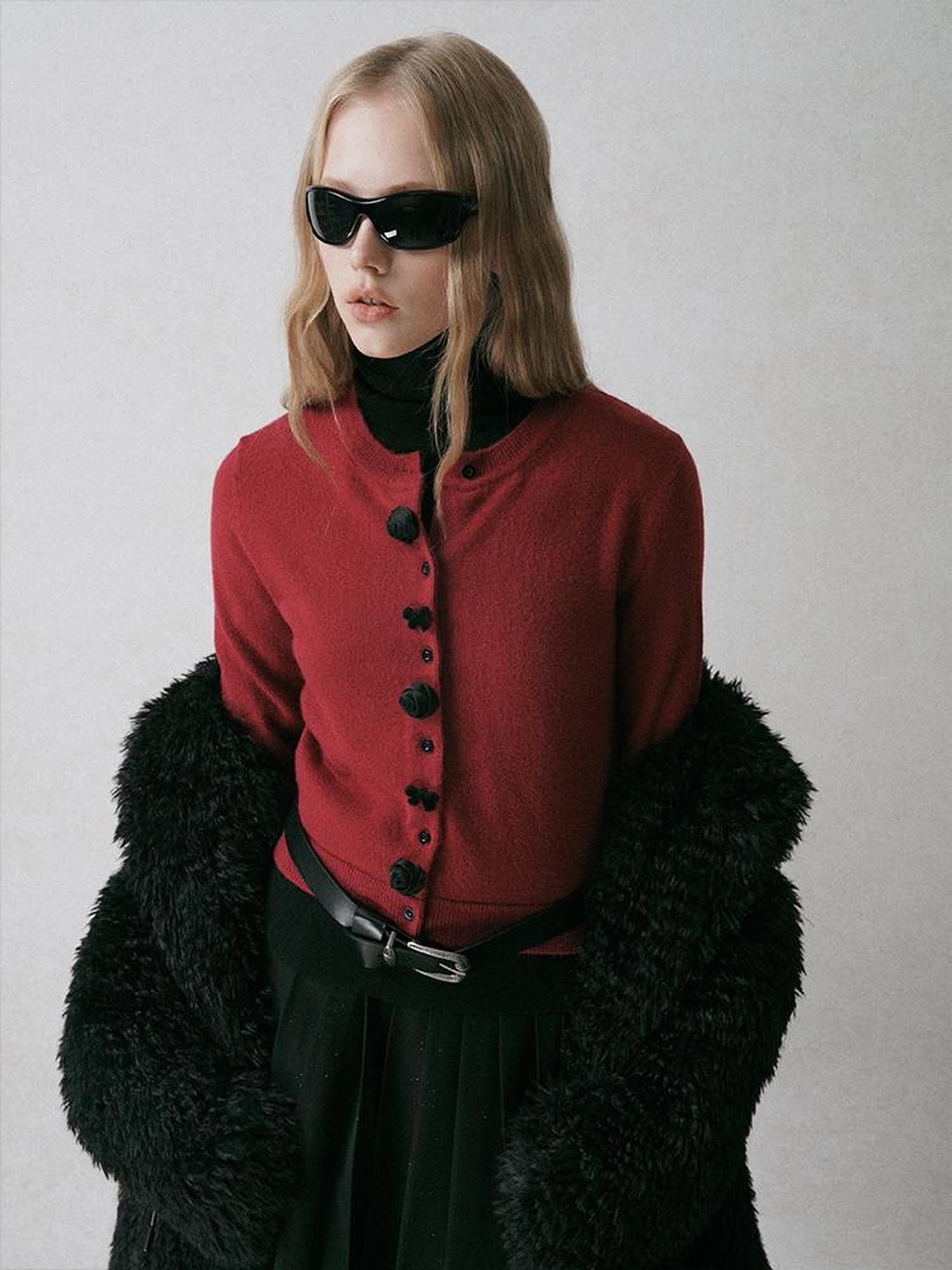 AnnoMundi Black Shoulder Wool Knit Cardigan With 3D Rose And Bow