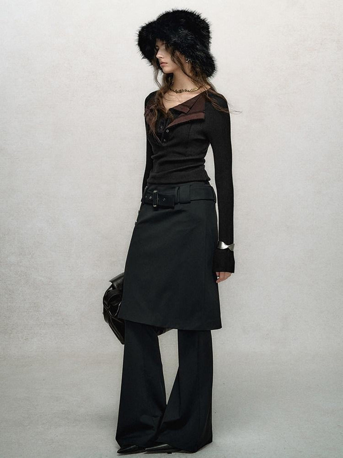 AnnoMundi Black Skirt Overlay High Waist Slim Drapey Micro Flare Women&