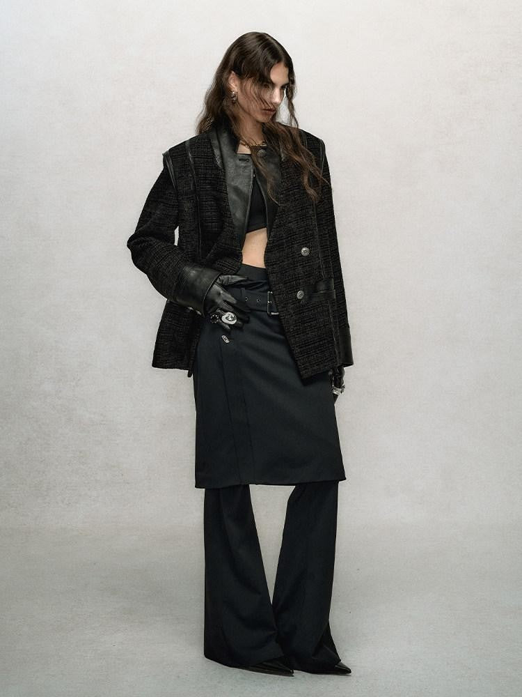 AnnoMundi Jupe noire superposée, taille haute, coupe slim, fluide, micro-évasée, pantalon en nylon évasé pour femme