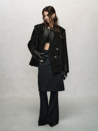 AnnoMundi Jupe noire superposée, taille haute, coupe slim, fluide, micro-évasée, pantalon en nylon évasé pour femme