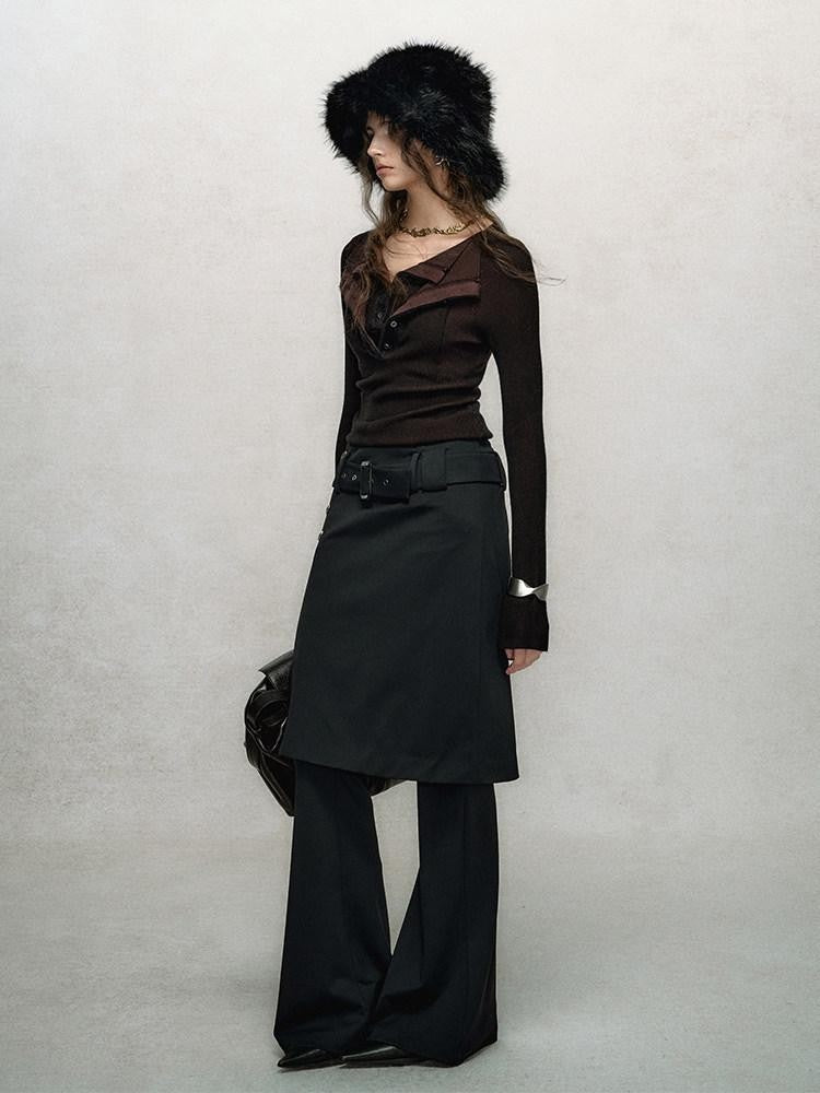 AnnoMundi Jupe noire superposée, taille haute, coupe slim, fluide, micro-évasée, pantalon en nylon évasé pour femme