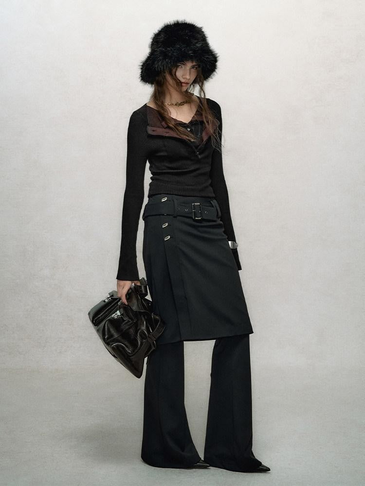 AnnoMundi Jupe noire superposée, taille haute, coupe slim, fluide, micro-évasée, pantalon en nylon évasé pour femme