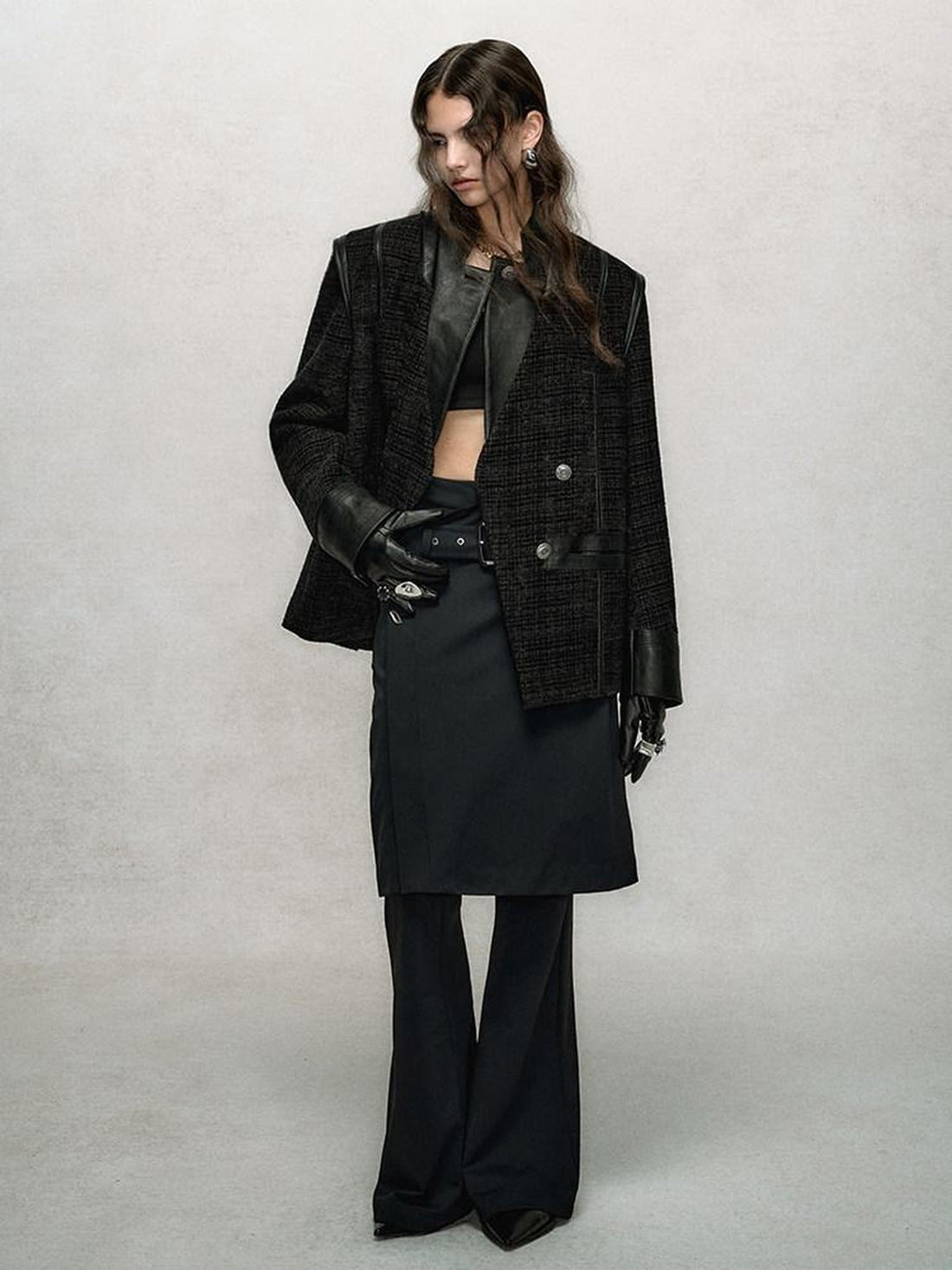 AnnoMundi Black Skirt Overlay High Waist Slim Drapey Micro Flare Women&
