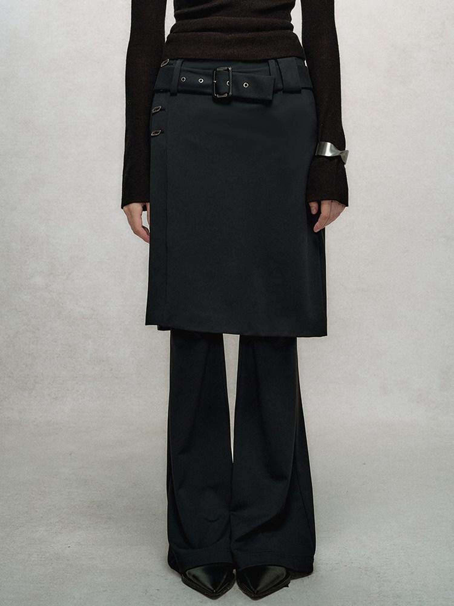 AnnoMundi Jupe noire superposée, taille haute, coupe slim, fluide, micro-évasée, pantalon en nylon évasé pour femme
