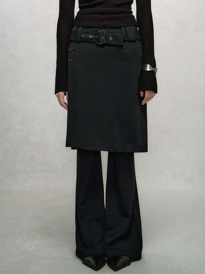 AnnoMundi Jupe noire superposée, taille haute, coupe slim, fluide, micro-évasée, pantalon en nylon évasé pour femme