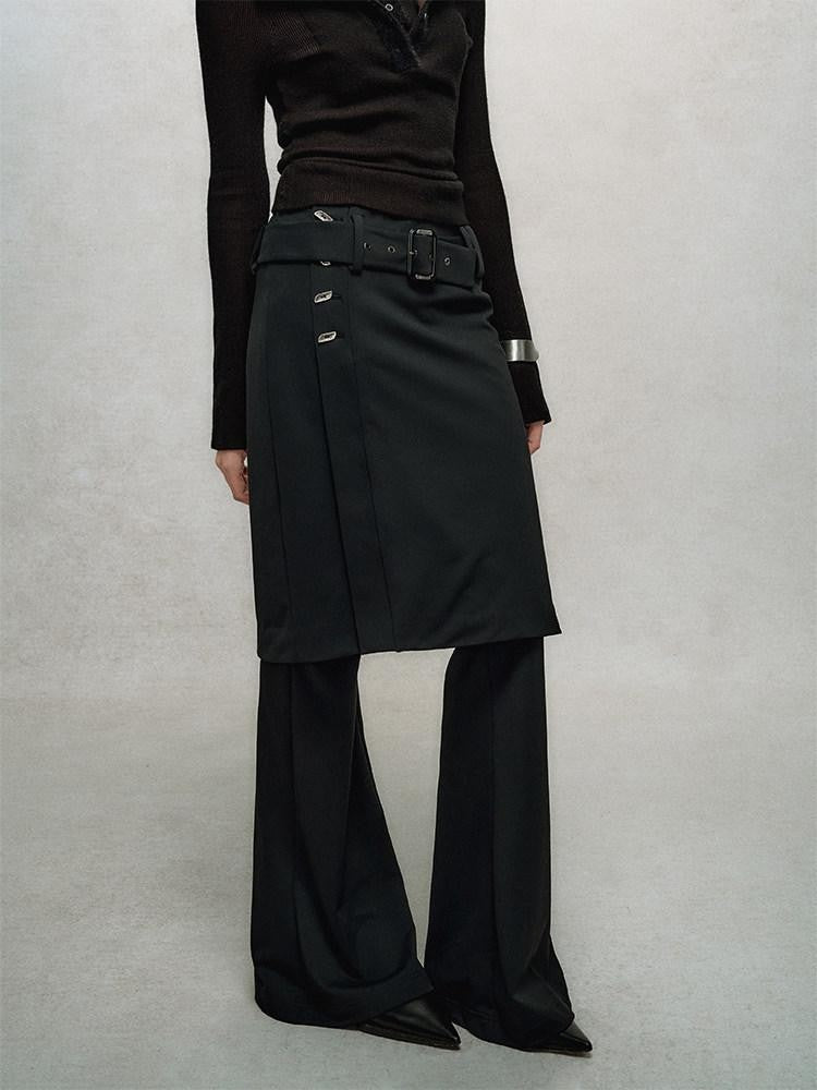 AnnoMundi Jupe noire superposée, taille haute, coupe slim, fluide, micro-évasée, pantalon en nylon évasé pour femme