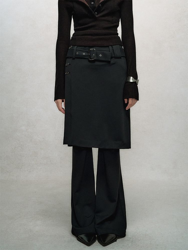 AnnoMundi Jupe noire superposée, taille haute, coupe slim, fluide, micro-évasée, pantalon en nylon évasé pour femme