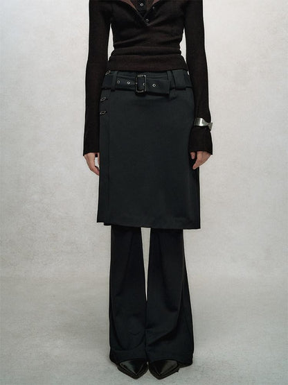 AnnoMundi Jupe noire superposée, taille haute, coupe slim, fluide, micro-évasée, pantalon en nylon évasé pour femme