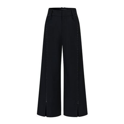 AnnoMundi Pantalon large en polyester pour femme, imprimé étoiles noires, taille mi-haute, ourlet fendu