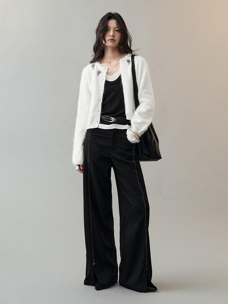 AnnoMundi Pantalon large en polyester pour femme, imprimé étoiles noires, taille mi-haute, ourlet fendu