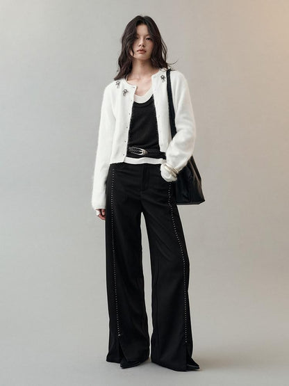 AnnoMundi Pantalon large en polyester pour femme, imprimé étoiles noires, taille mi-haute, ourlet fendu