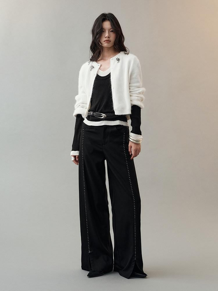 AnnoMundi Pantalon large en polyester pour femme, imprimé étoiles noires, taille mi-haute, ourlet fendu