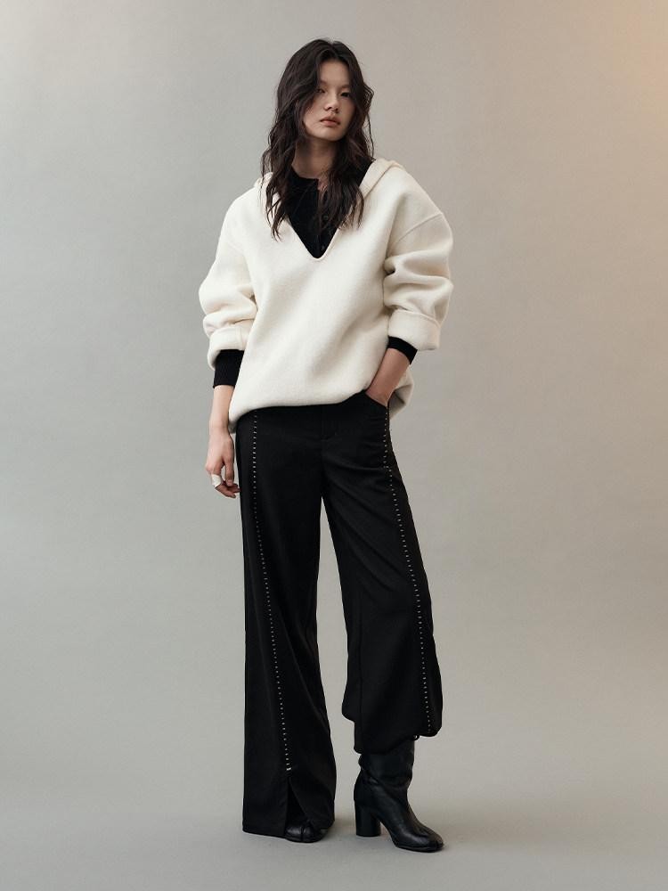 AnnoMundi Pantalon large en polyester pour femme, imprimé étoiles noires, taille mi-haute, ourlet fendu