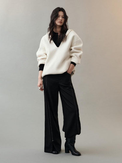 AnnoMundi Pantalon large en polyester pour femme, imprimé étoiles noires, taille mi-haute, ourlet fendu
