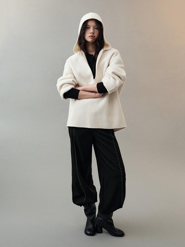 AnnoMundi Pantalon large en polyester pour femme, imprimé étoiles noires, taille mi-haute, ourlet fendu