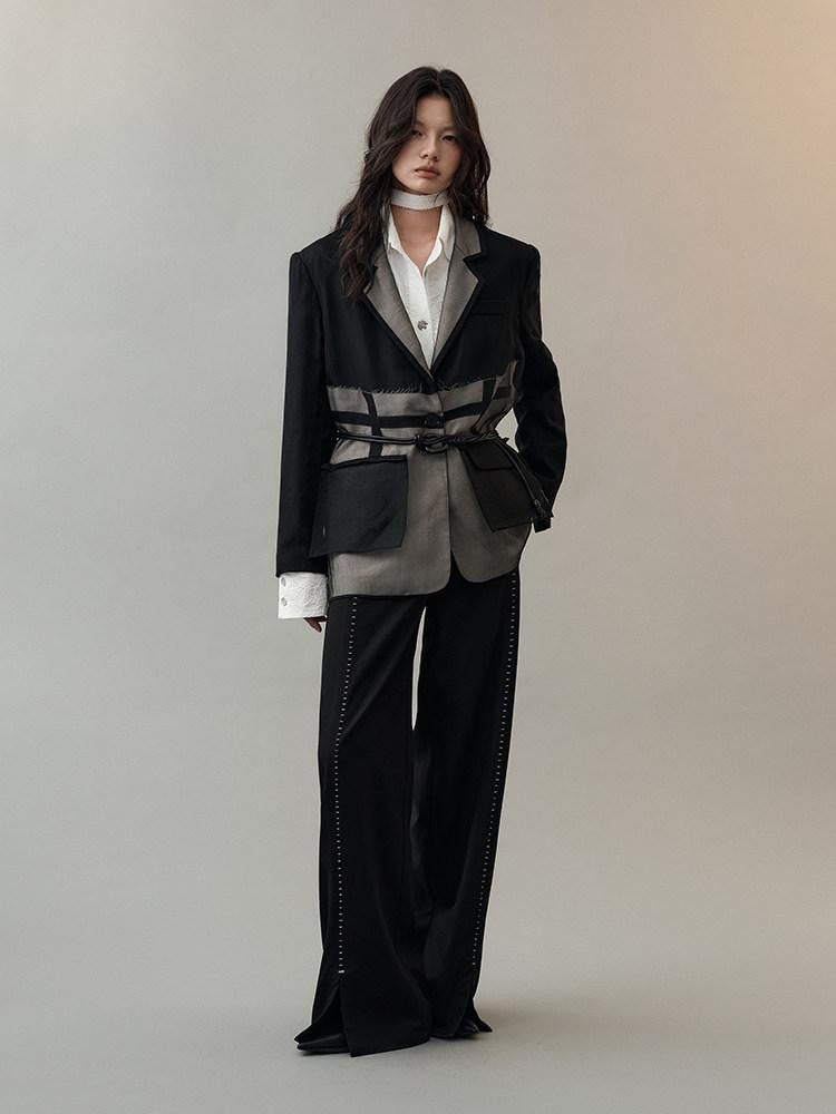AnnoMundi Pantalon large en polyester pour femme, imprimé étoiles noires, taille mi-haute, ourlet fendu