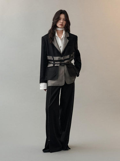 AnnoMundi Pantalon large en polyester pour femme, imprimé étoiles noires, taille mi-haute, ourlet fendu