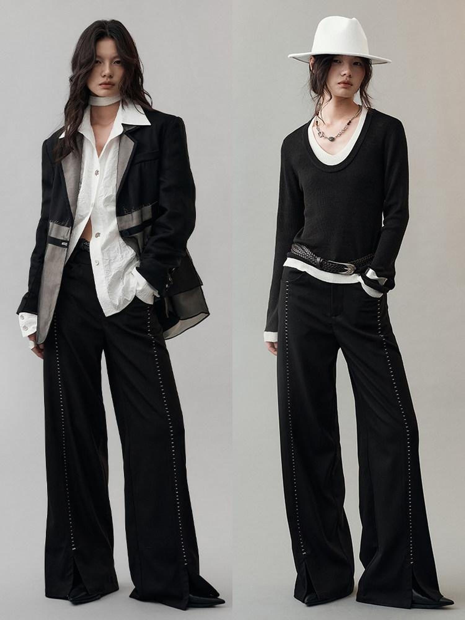 AnnoMundi Pantalon large en polyester pour femme, imprimé étoiles noires, taille mi-haute, ourlet fendu