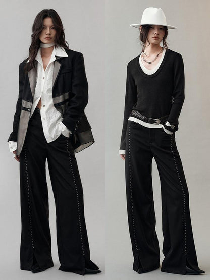 AnnoMundi Pantalon large en polyester pour femme, imprimé étoiles noires, taille mi-haute, ourlet fendu