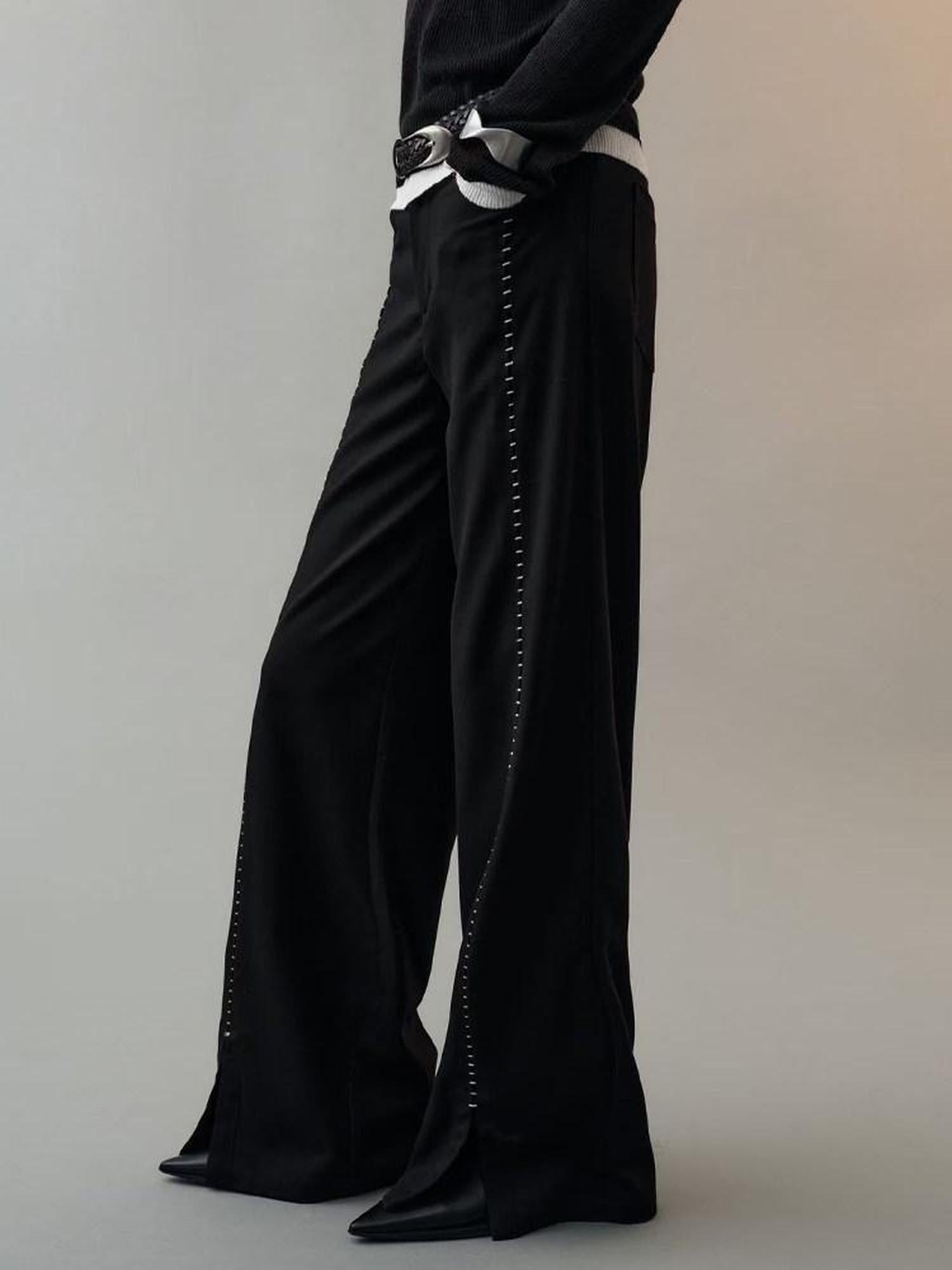 AnnoMundi Pantalon large en polyester pour femme, imprimé étoiles noires, taille mi-haute, ourlet fendu