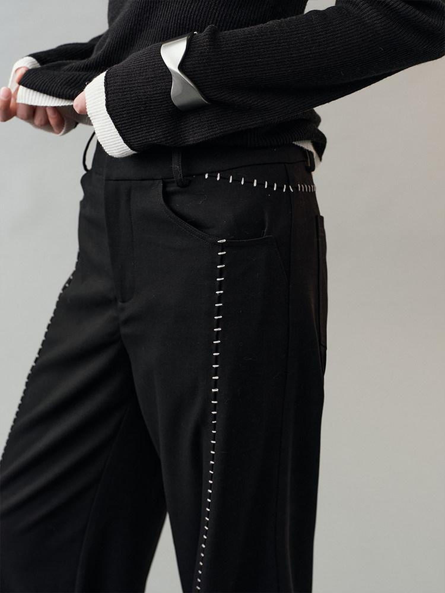 AnnoMundi Pantalon large en polyester pour femme, imprimé étoiles noires, taille mi-haute, ourlet fendu