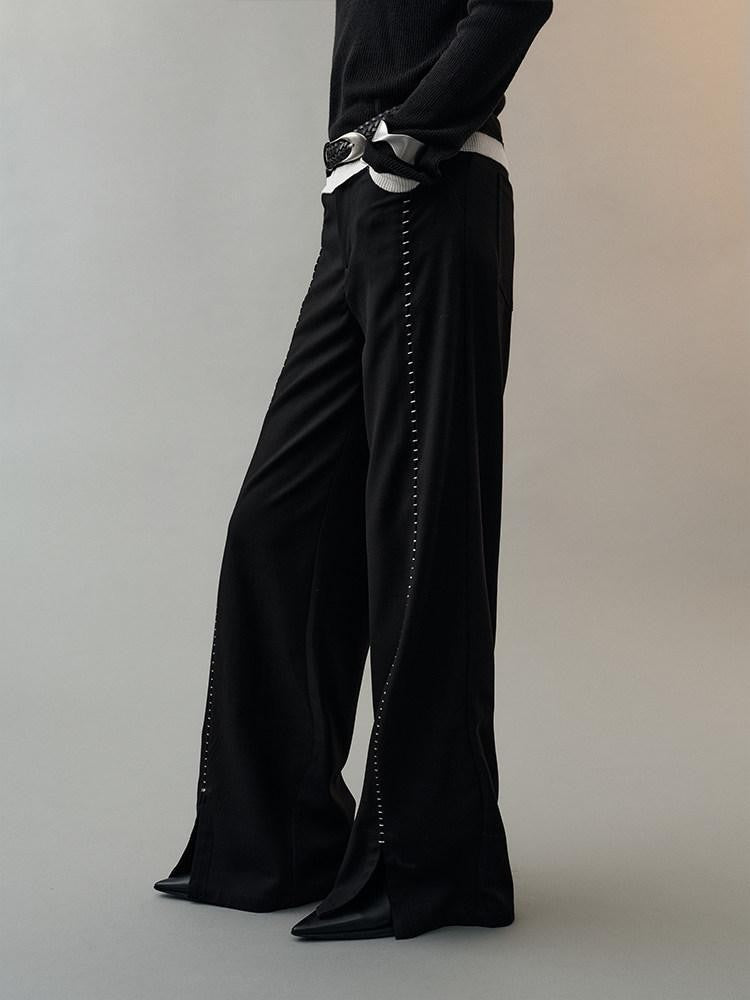 AnnoMundi Pantalon large en polyester pour femme, imprimé étoiles noires, taille mi-haute, ourlet fendu