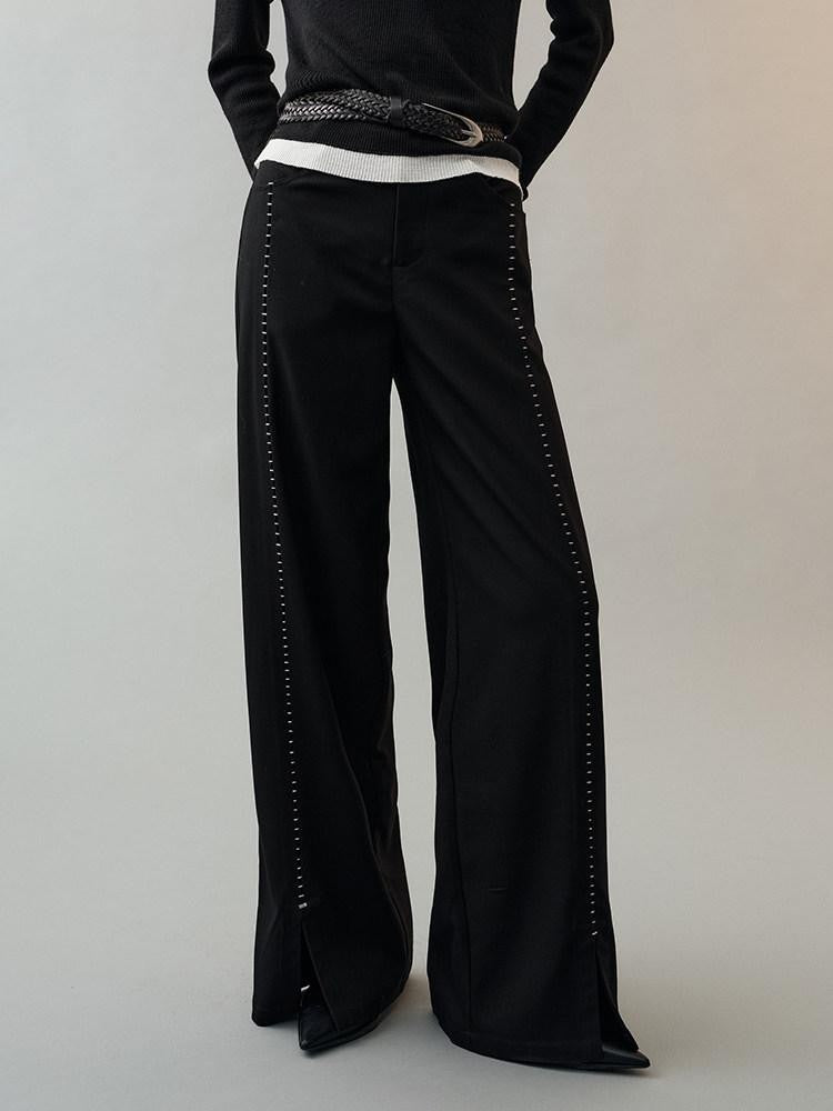 AnnoMundi Pantalon large en polyester pour femme, imprimé étoiles noires, taille mi-haute, ourlet fendu
