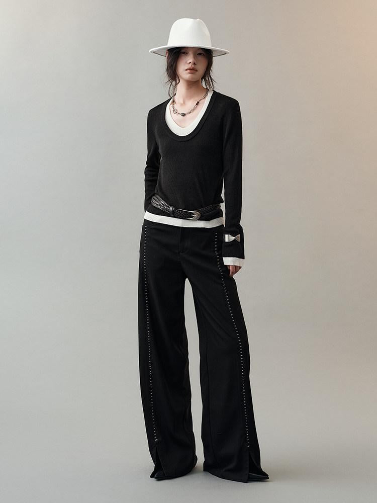 AnnoMundi Pantalon large en polyester pour femme, imprimé étoiles noires, taille mi-haute, ourlet fendu